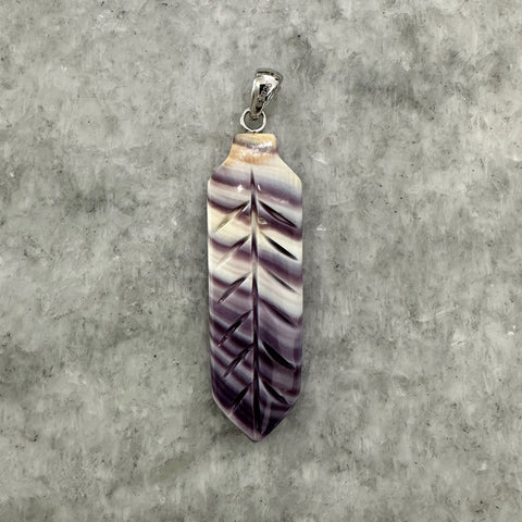 Wampum Carved Feather Pendant Purple and Ivory II - BThunder 